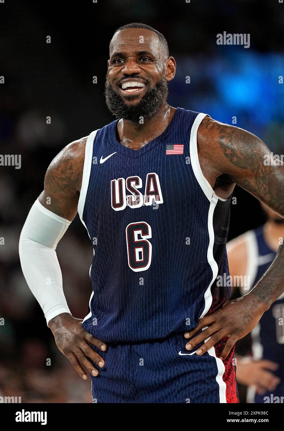 Paris, France. 6th Aug, 2024. LeBron James of the United States reacts ...
