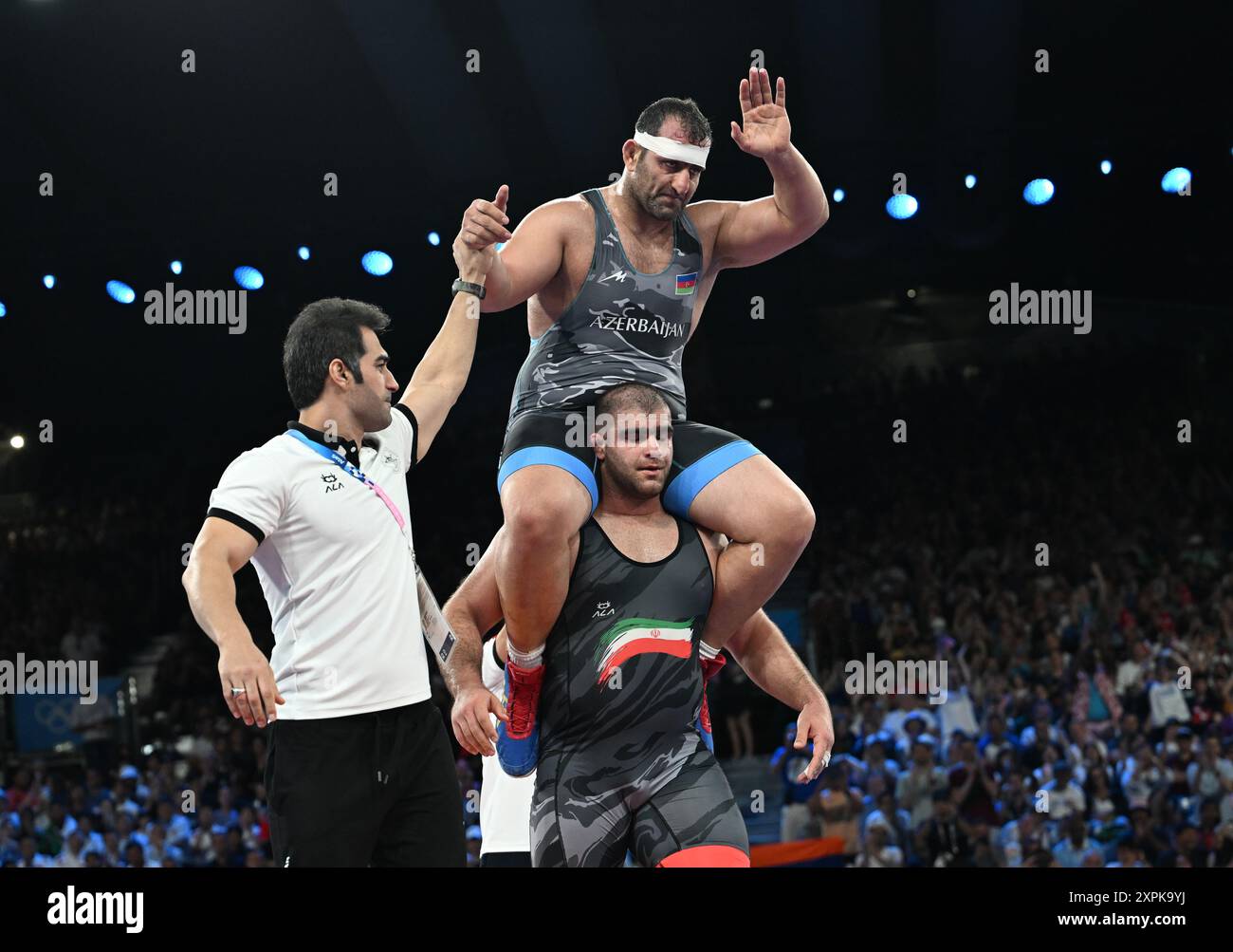Paris, France. 6th Aug, 2024. Amin Mirzazadeh (R bottom) of Iran 