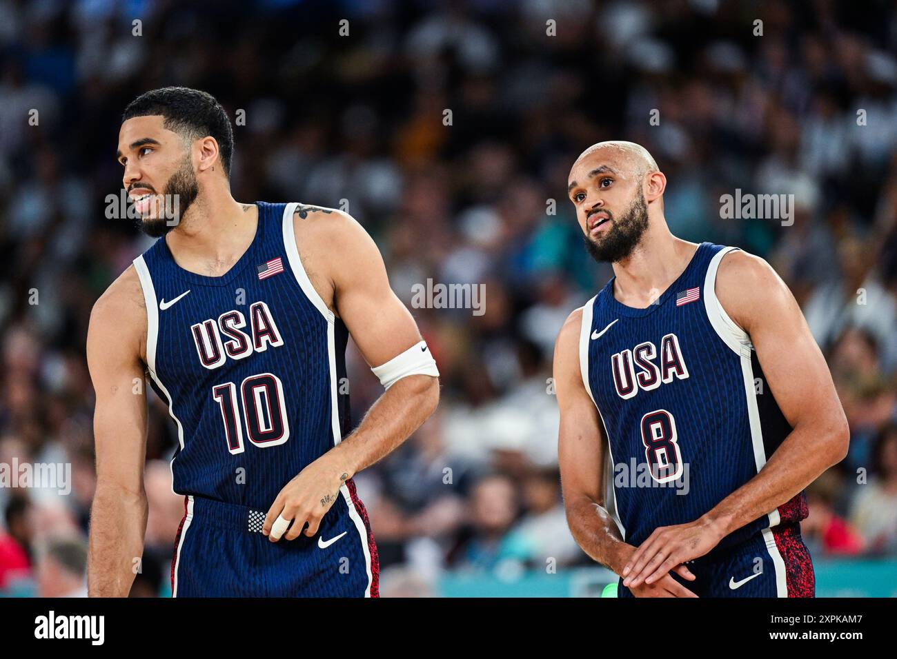 USA. 06th Aug, 2024. Team USA players Jayson Tatum and Derek White