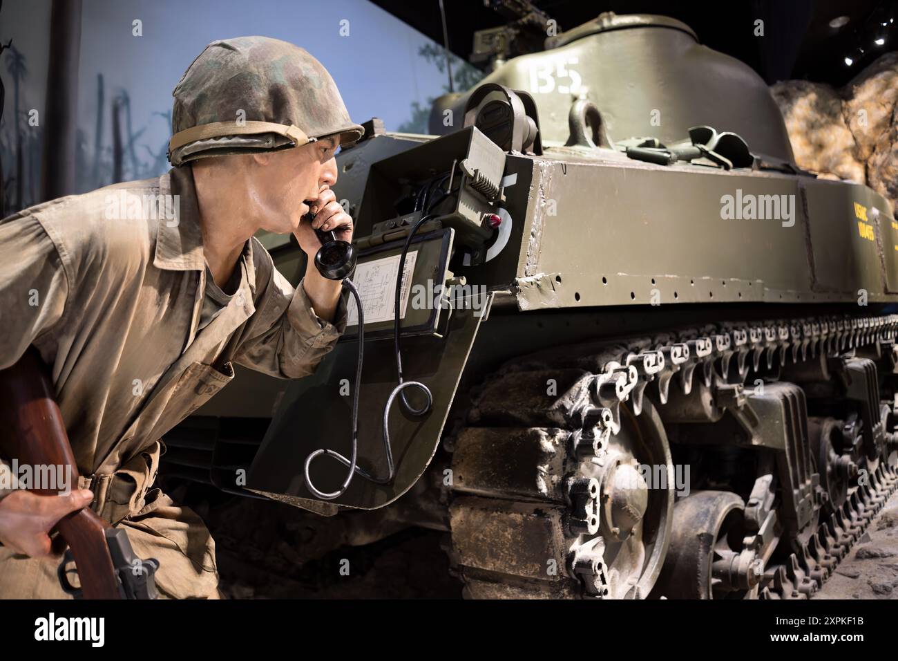 TRIANGLE, Virginia — The Marines in World War II Pacific Theater Exhibit at the National Museum of the Marine Corps features the M4 Sherman Tank, a crucial asset in the Pacific battles. Equipped with a 75mm gun, a .50 caliber machine gun, and two .30 caliber machine guns, the M4A3 model was instrumental in confronting Japanese forces and overcoming fortified positions. This exhibit highlights the technological advancements and strategic importance of the Sherman tank in the Marine Corps' efforts during World War II. Stock Photo