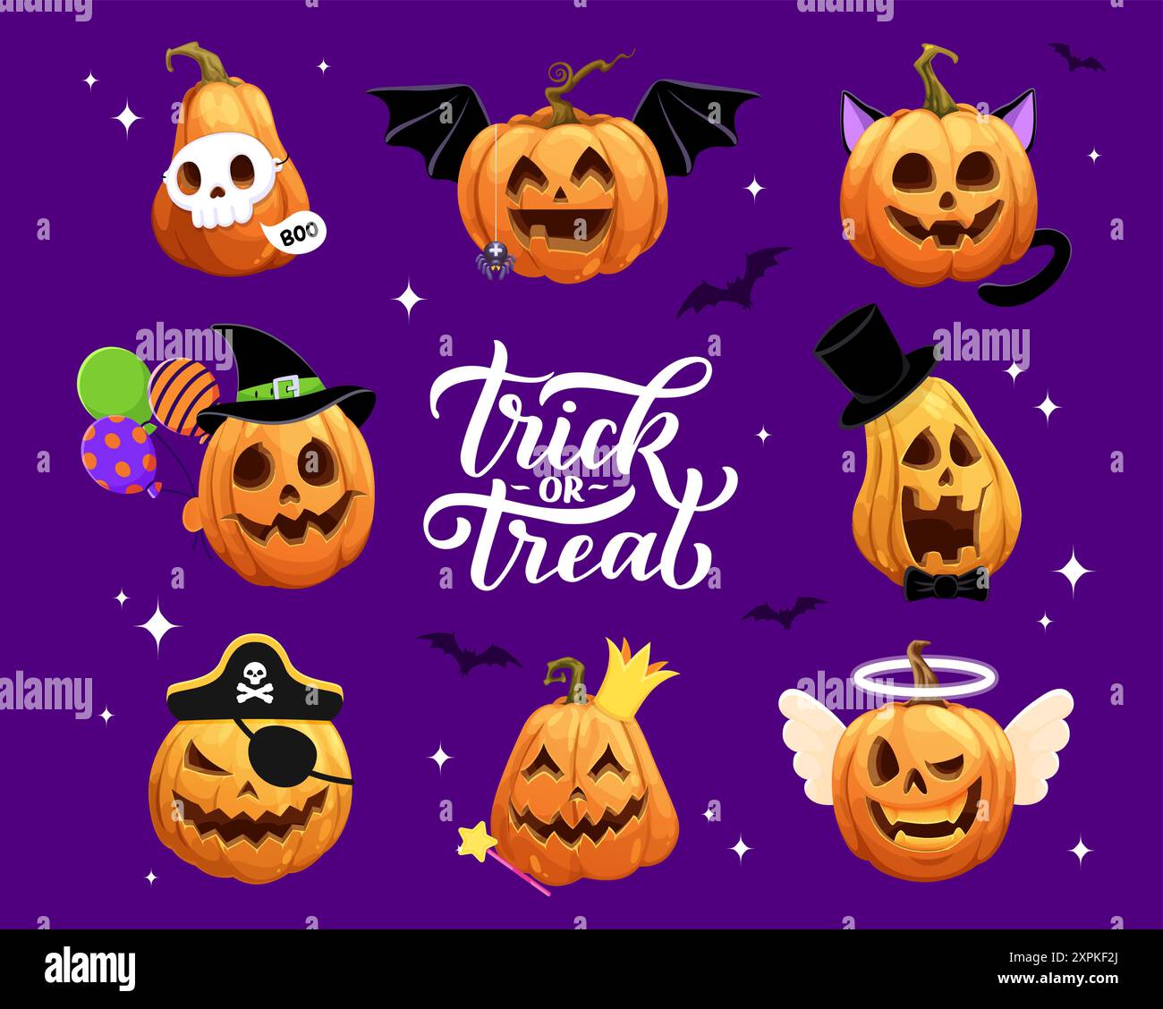 Cartoon scary halloween pumpkin characters. Halloween holiday pumpkin ...