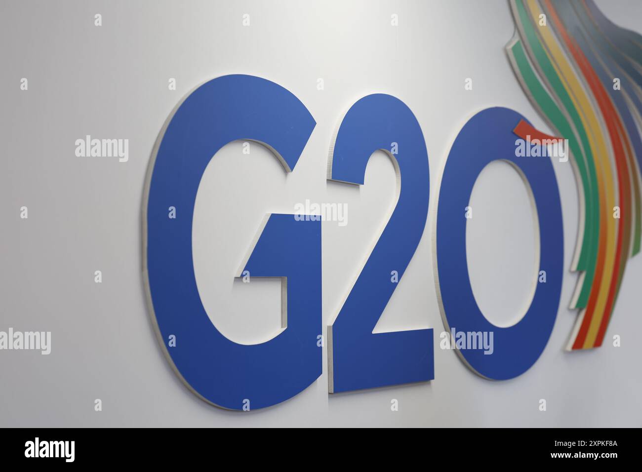 G20 Brazil 2024 Summit logo, meeting room. Symbol of the Group of 20. Country leaders address issues related to the global economy and social justice Stock Photo