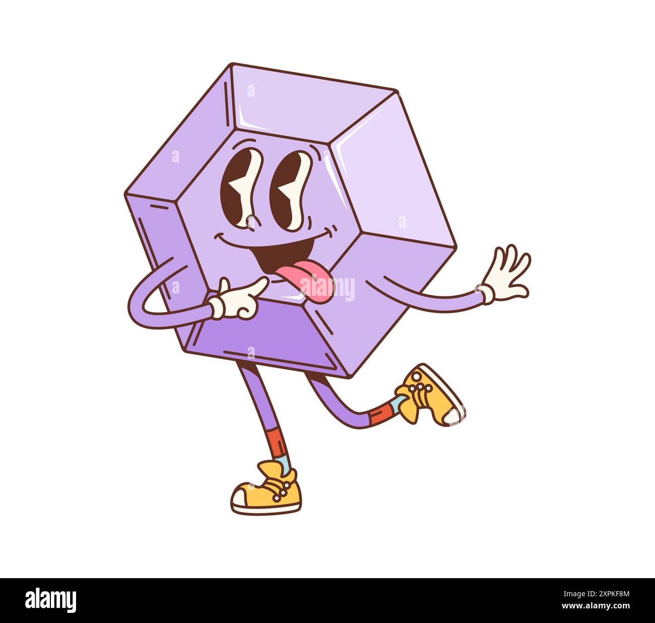 Cartoon groovy math geometric hexagon figure. Isolated vector playful, purple, hexagonal character sticking-out tongue,and lively pose, wearing yellow Stock Vector