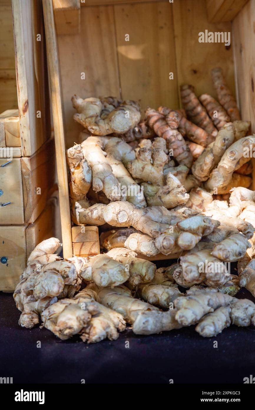 Ginger roots in wood box at Trout Lake Farmer's Market in British ...