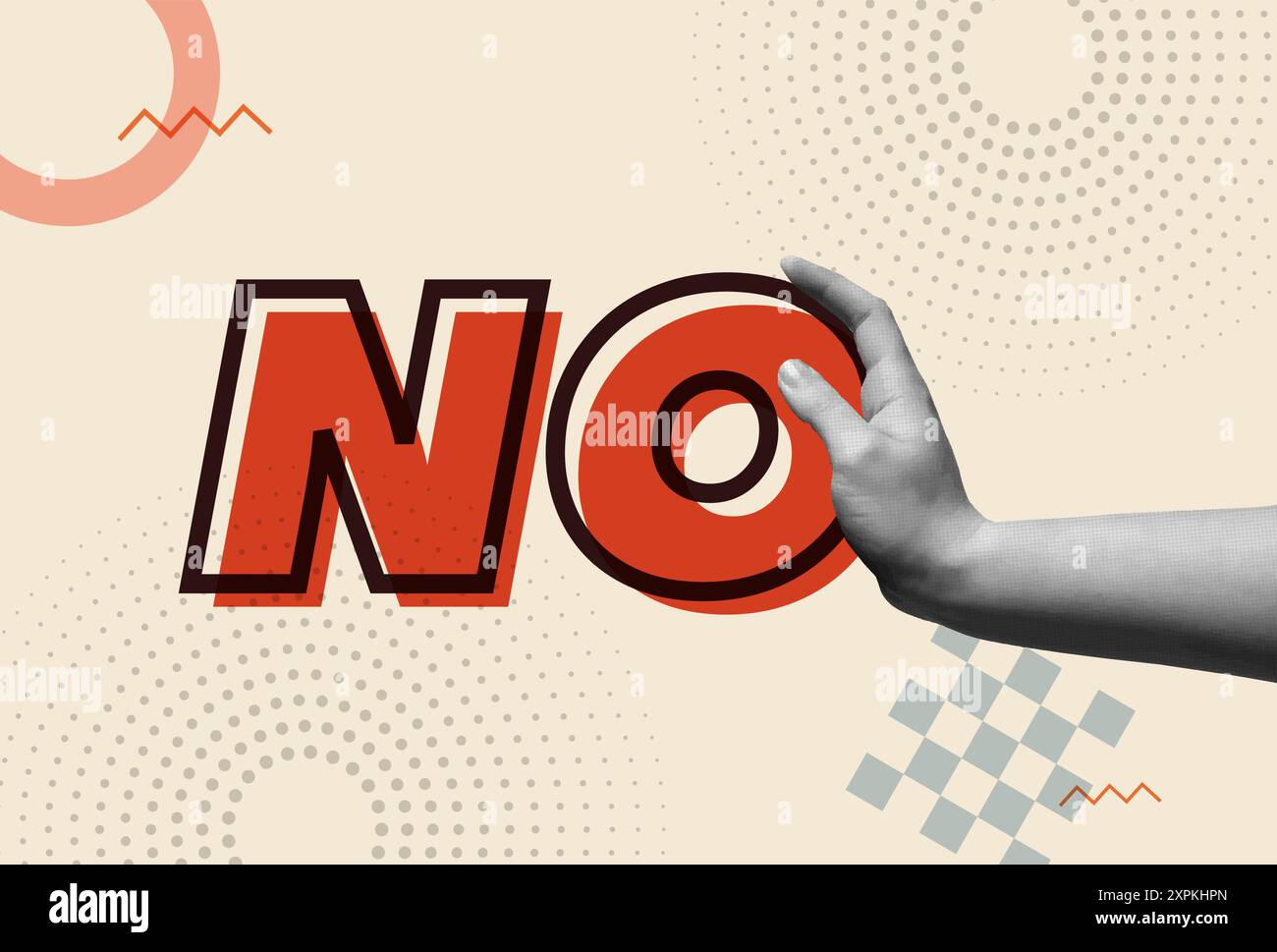 No sign, negative response, denial decision or disagreement. Human hand with stop gesture in 80s retro collage mixed media vector illustration. Stock Vector
