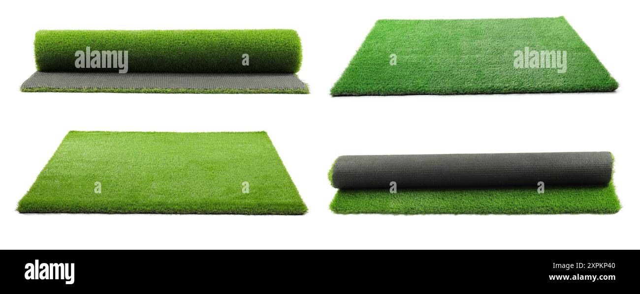 Green artificial turf isolated on white, set Stock Photo