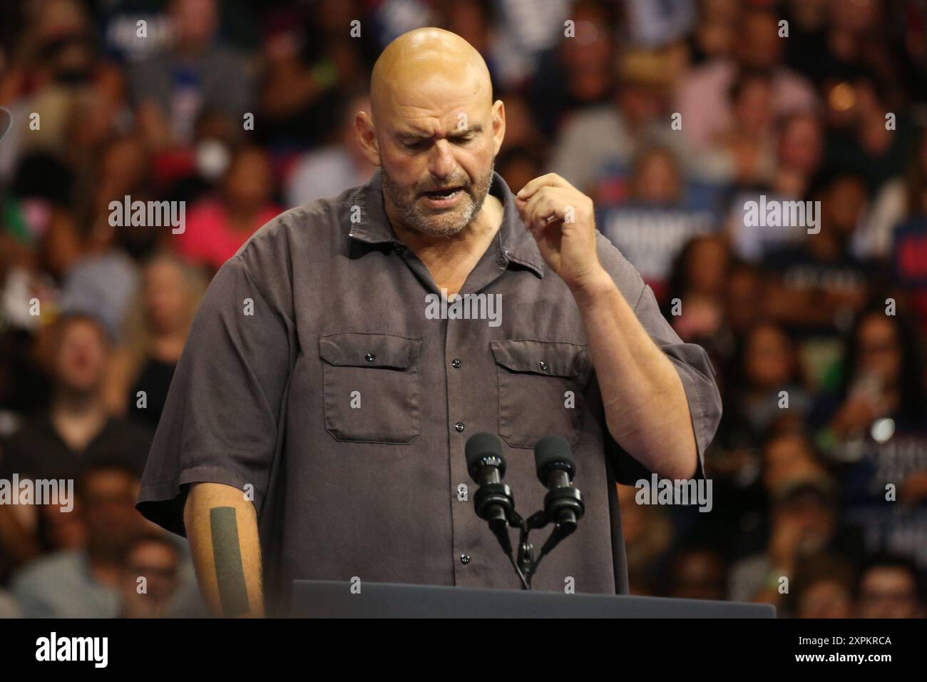 Senator John Fetterman speaks during an event with US Vice President Kamala Harris & Gov. Tim Walz at Temple University's Liacouras Center in Philadelphia, Pennsylvania, August 6, 2024 Credit: Scott Weiner/MediaPunch Stock Photo