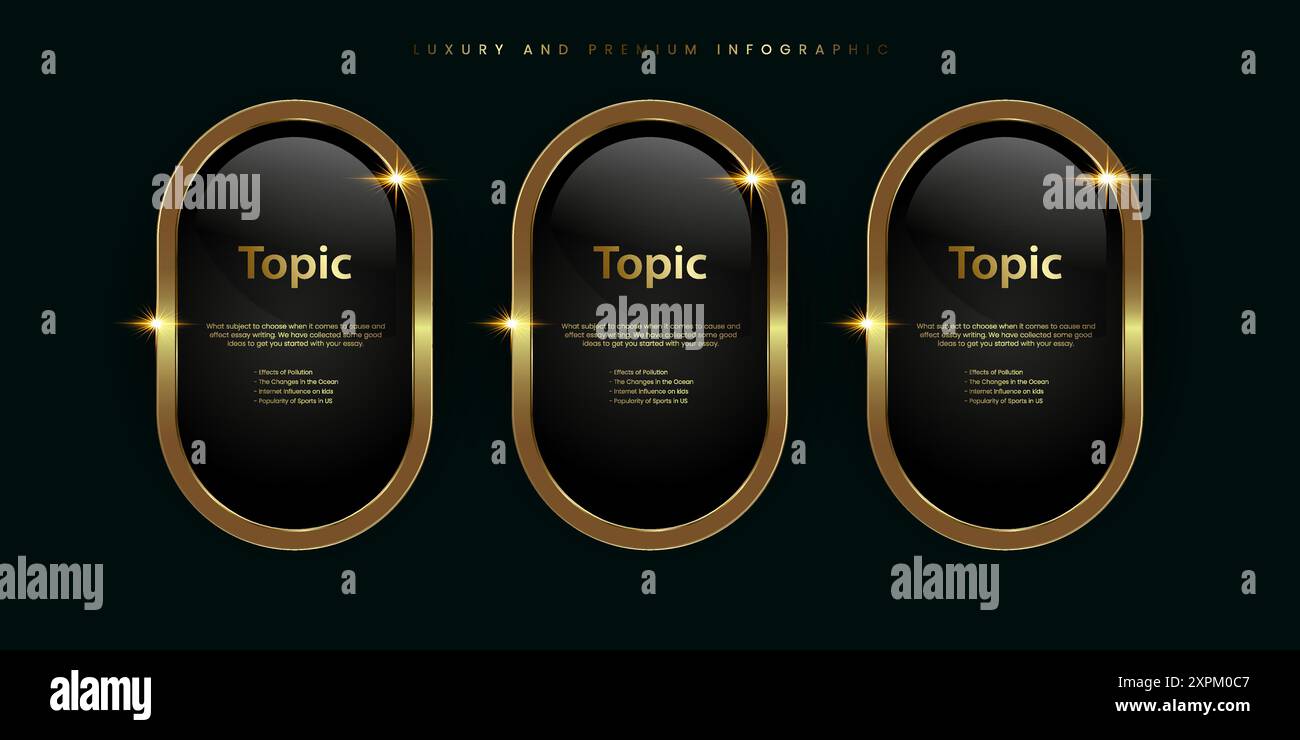 Group of three Luxury, Gold shiny button, metallic golden infographic ...