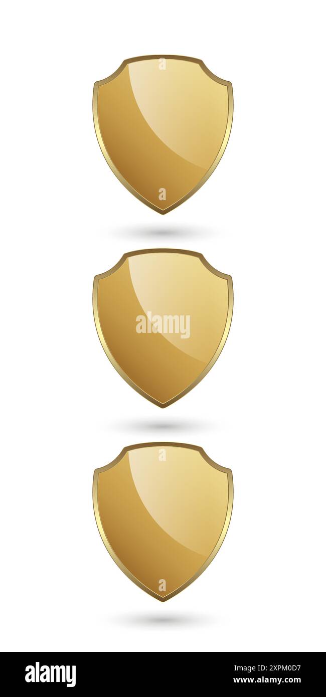 Three Gold Protected and defence shape buttons on isolated background ...