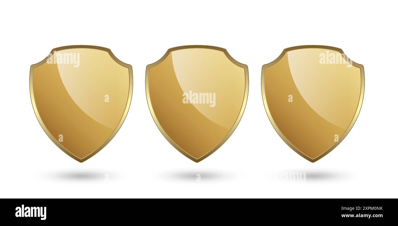 Set of three Gold Protected and defence shape button on isolated ...