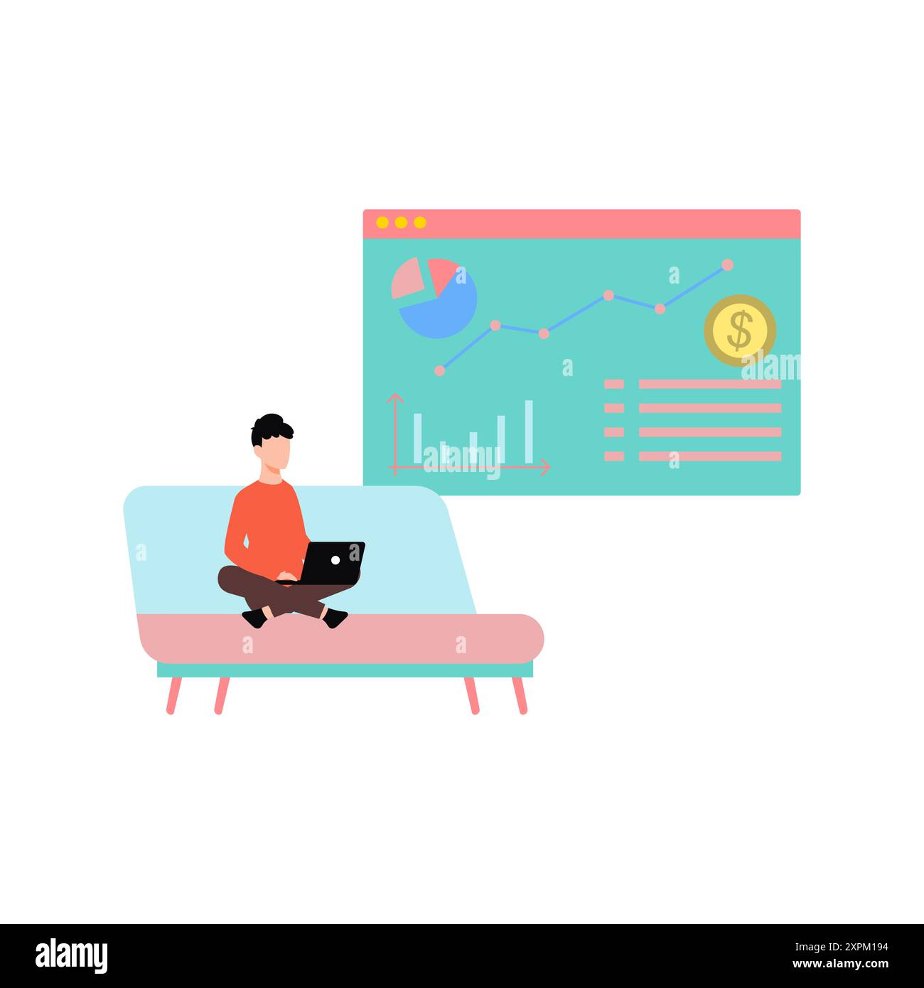 Boy working on laptop on dollar graph. Stock Photo