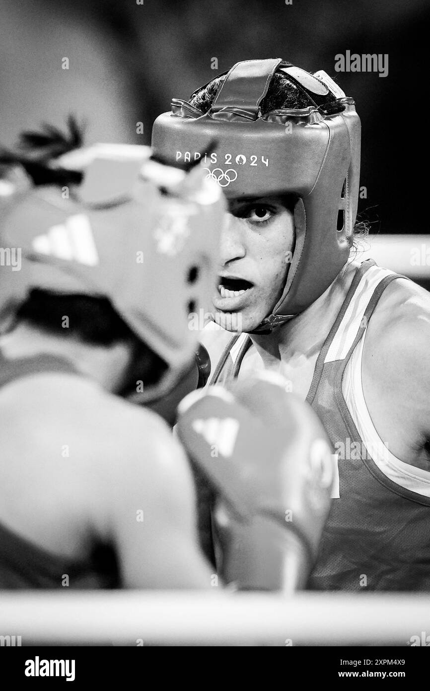 Paris, France. 06th Aug, 2024. Imane Khelif of Team Algeria, at the center of gender controversy, defeats Janjaem Suwannapheng of Team Thailand in their women's 66kg semi-final bout at Court Philippe-Chatrier in Roland Garros Stadium during the 2024 Paris Summer Olympic Games in Paris, France. Photo by Julien Poupart/ABACAPRESS.COM Credit: Abaca Press/Alamy Live News Stock Photo