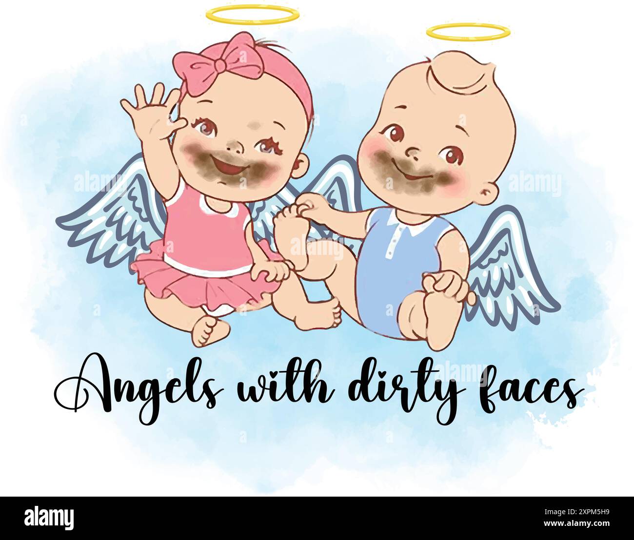 Angel  with dirty faces vector illustration, dirty face babies with angel ring and wings vector watercolor concept Stock Vector