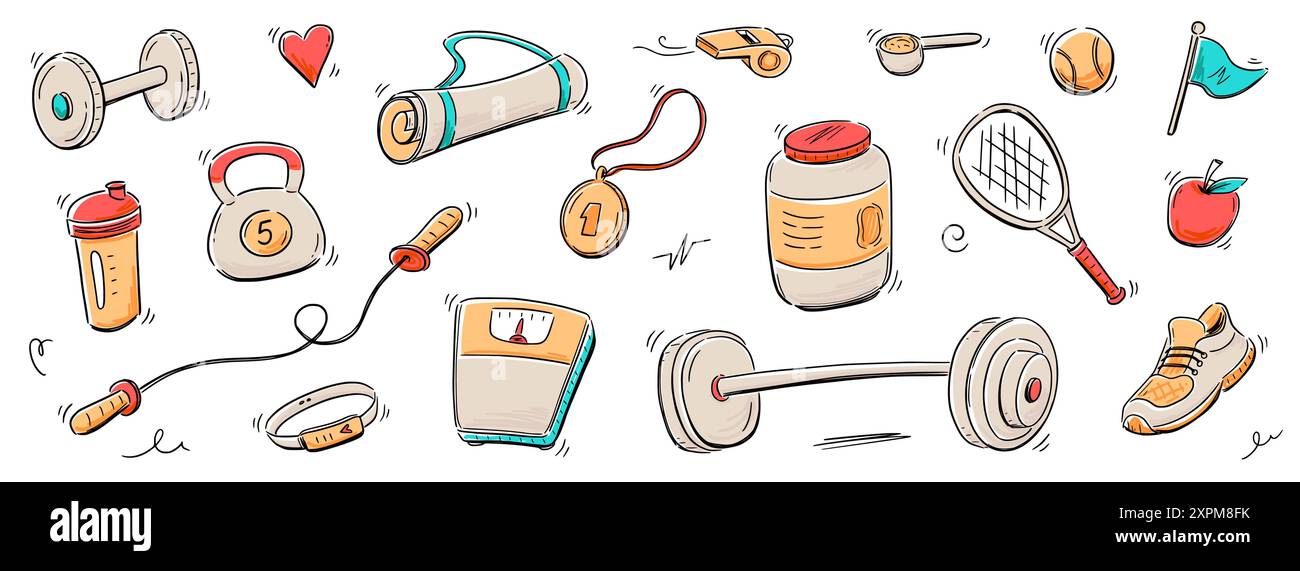 Sport gym sketch health icon set. Hand drawn sketch doodle healthy ...