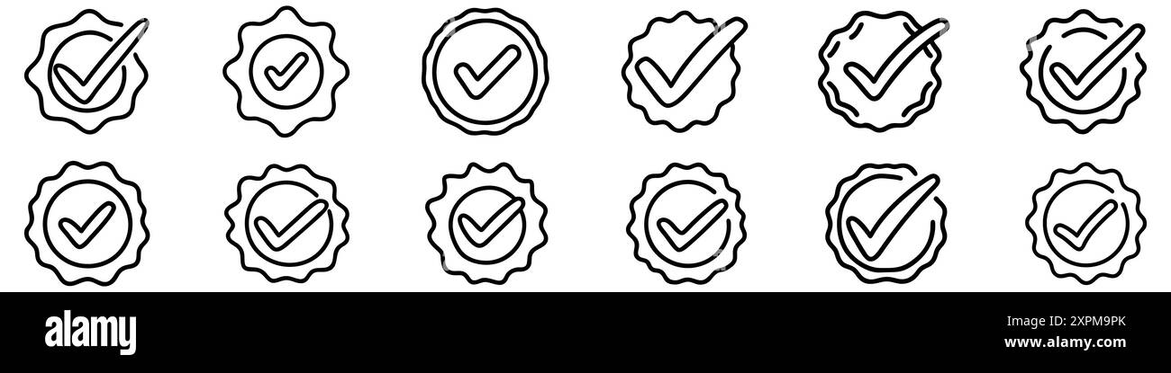 Quality icon. Set of drawn quality marks with checkmark, representing reliability and quality. Stock Vector