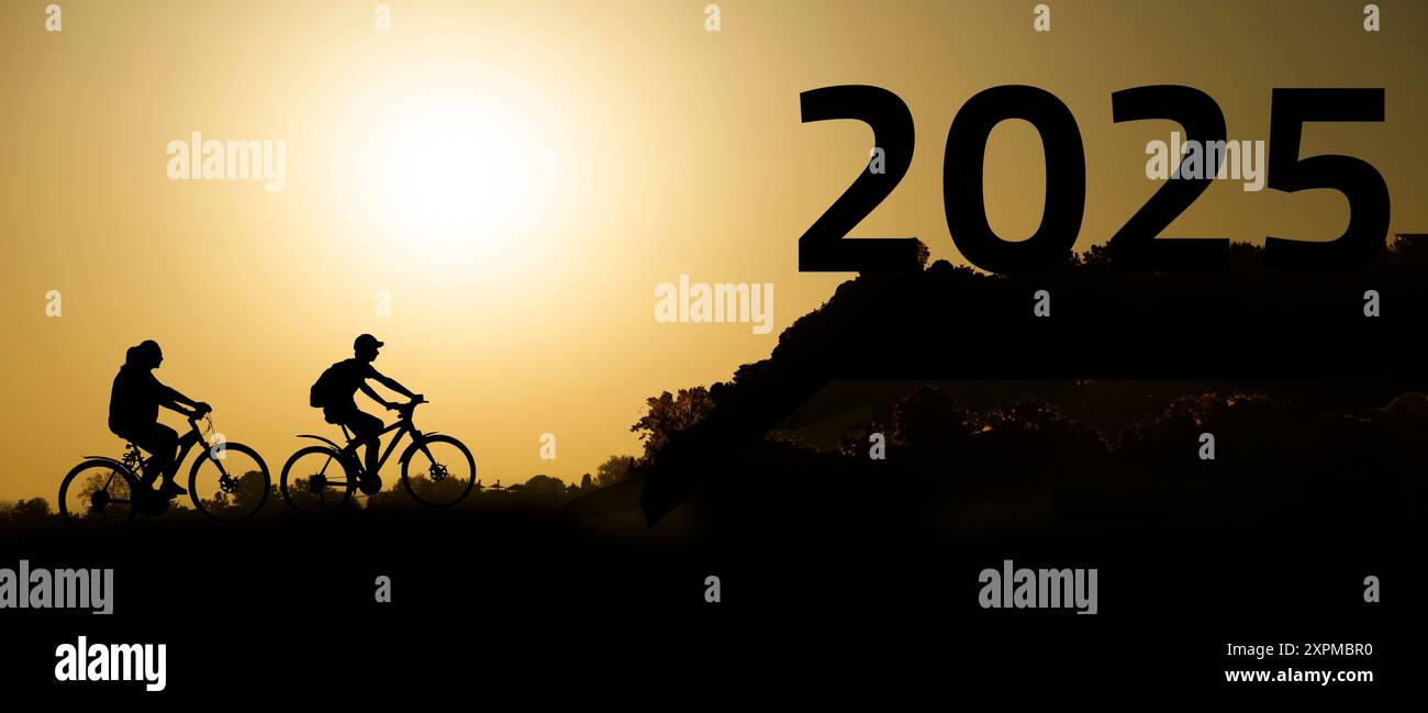 People Number 2025 year concept. Silhouettes of active people in nature against the ...