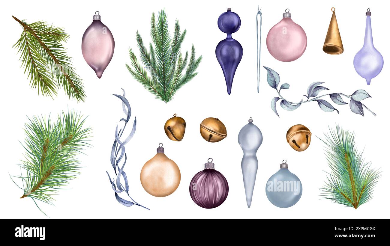 Christmas tree branches, toys and bells in watercolor illustration set isolated. Coniferous trees clipart hand drawn. Spruce and pine, leaves on branc Stock Photo