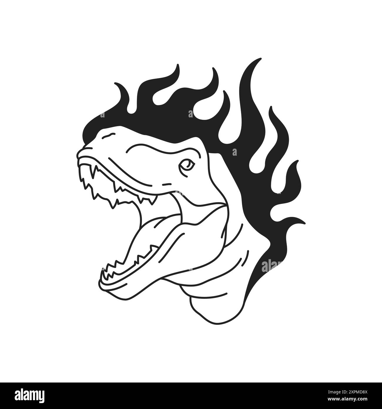 Y2k roaring dinosaur with burning flame black tattoo outline icon vector flat illustration. Dangerous medieval prehistoric angry reptile tyrannosaurus Stock Vector