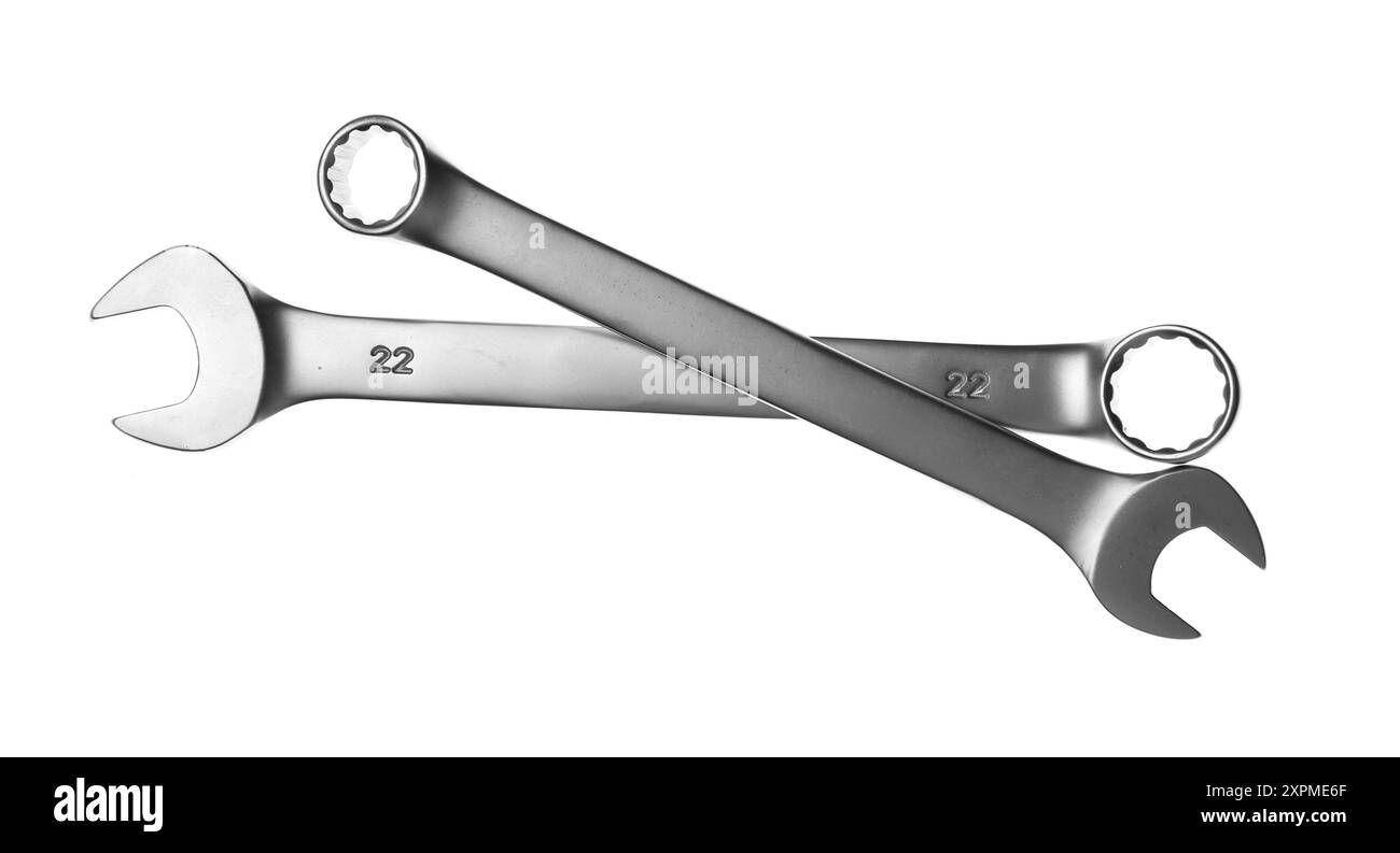 Two ratcheting wrenches isolated on white, top view. Auto mechanic ...