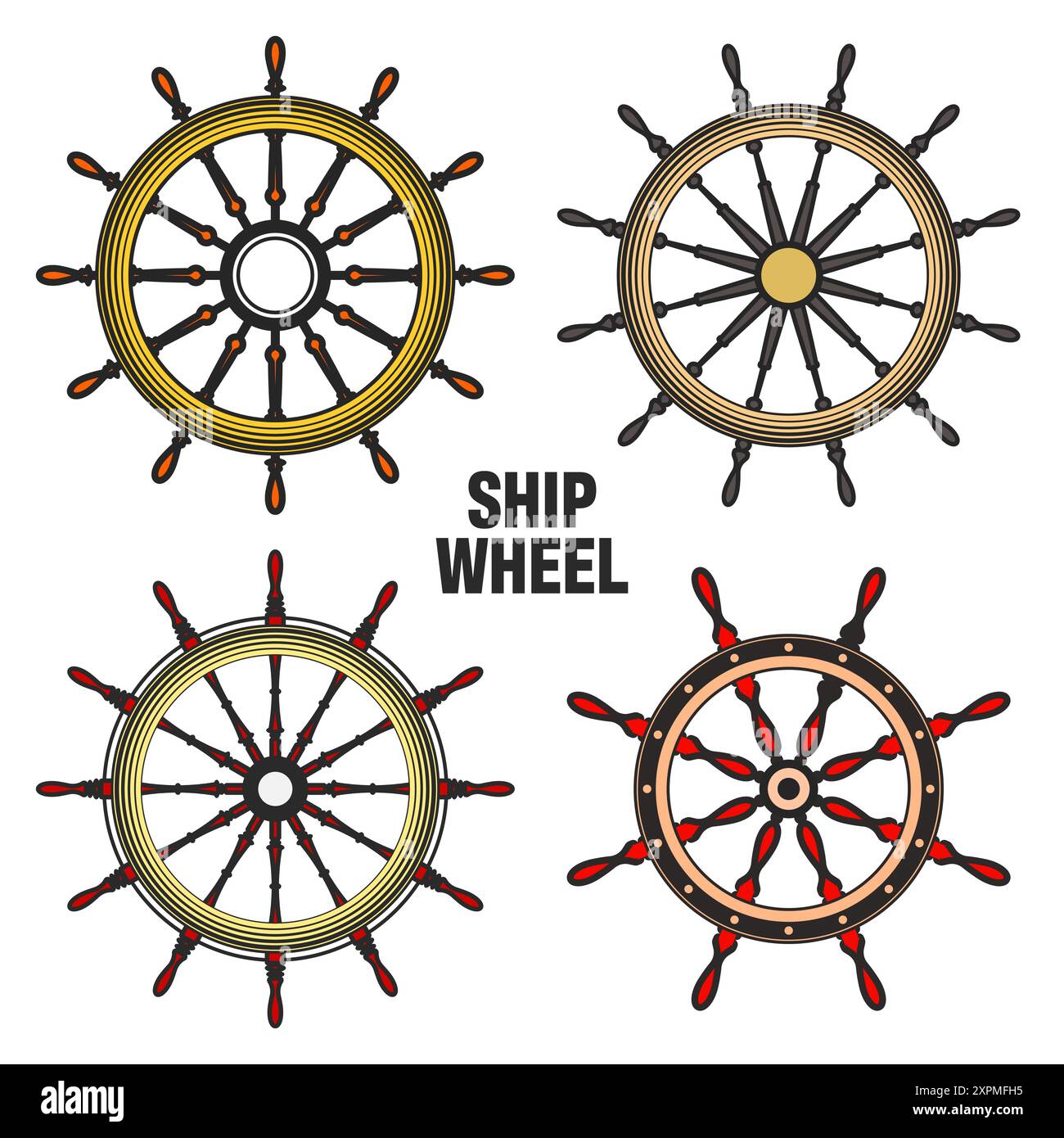 Wooden vintage steering wheels. Ship, sailboat or yacht retro wheel ...