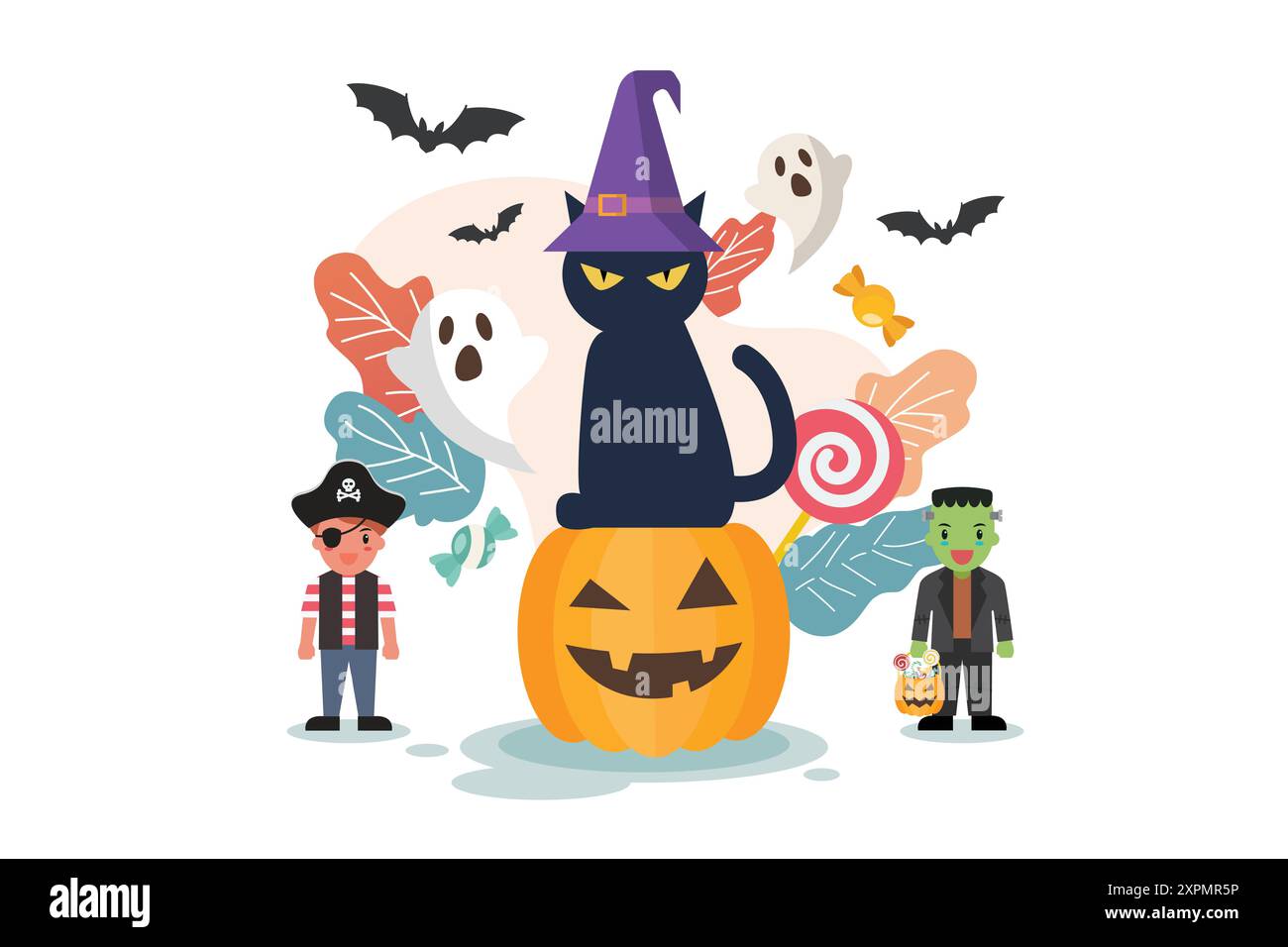 Black cat in a witch hat sitting on a Halloween pumpkin with children ...