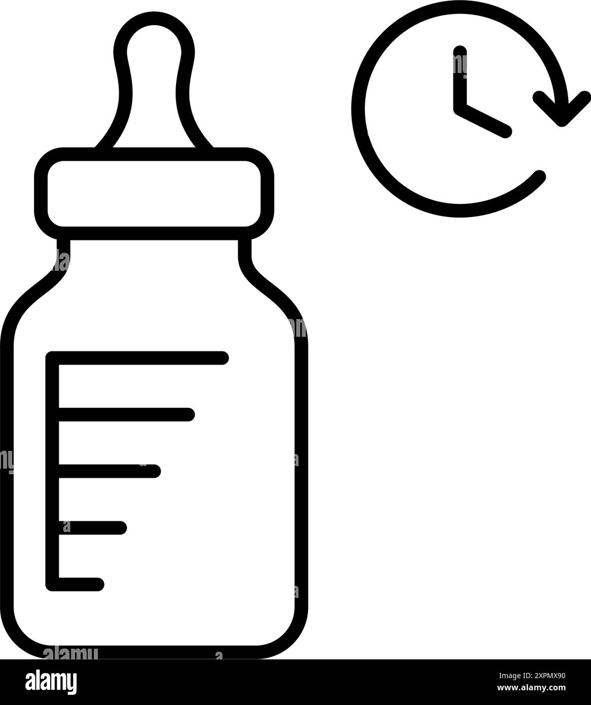 Baby bottle and clock. Feeding time, correct routine. Pixel perfect, editable stroke vector icon Stock Vector