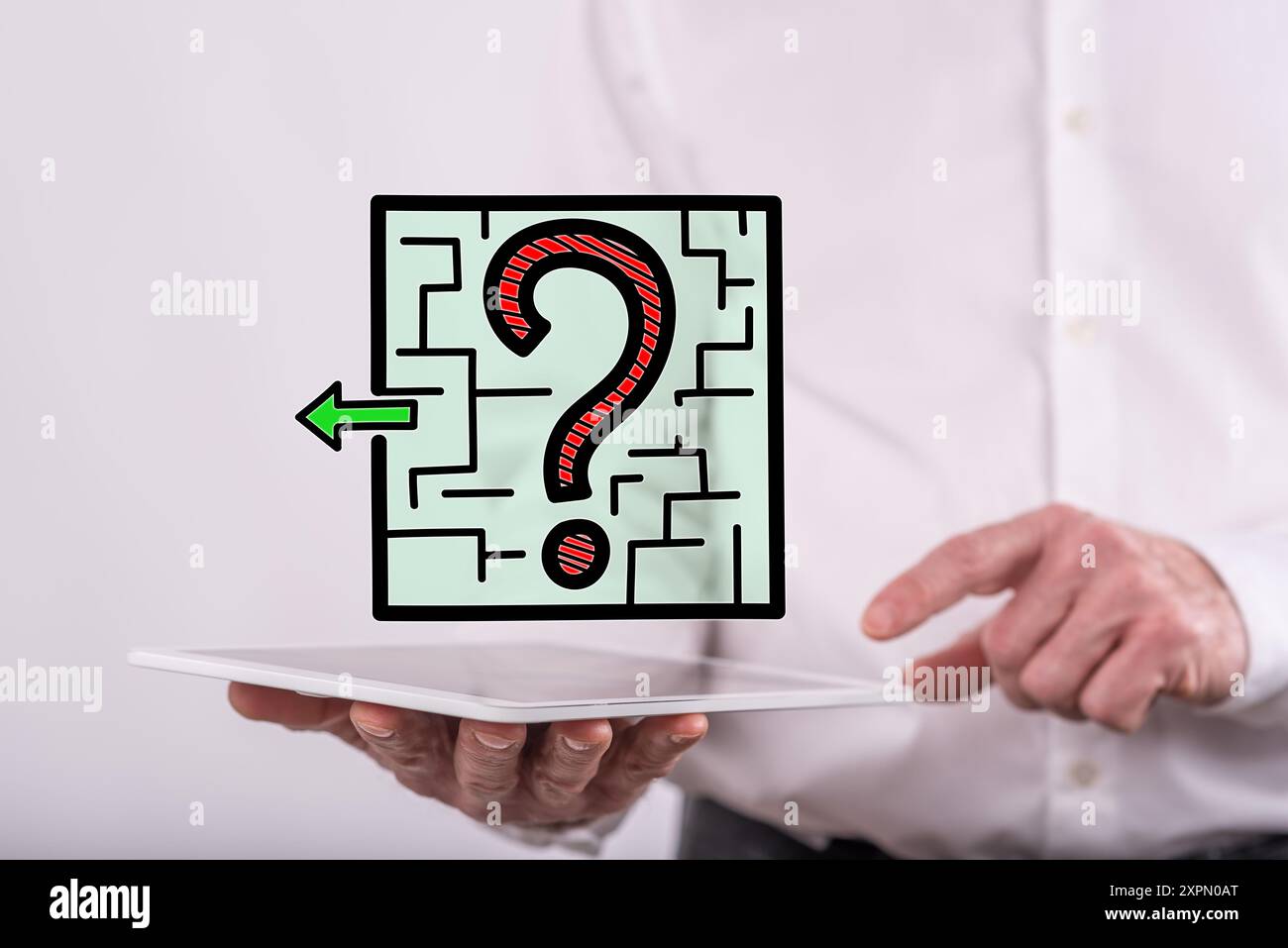 Decision concept above a tablet held by a man in background Stock Photo
