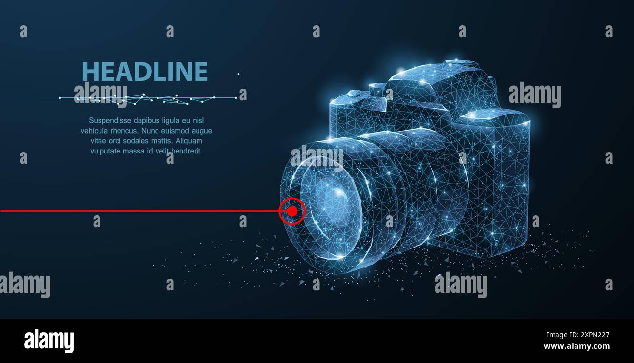 Camera. Abstract 3d polygonal wireframe modern professional camera isolated on blue. Stock Vector