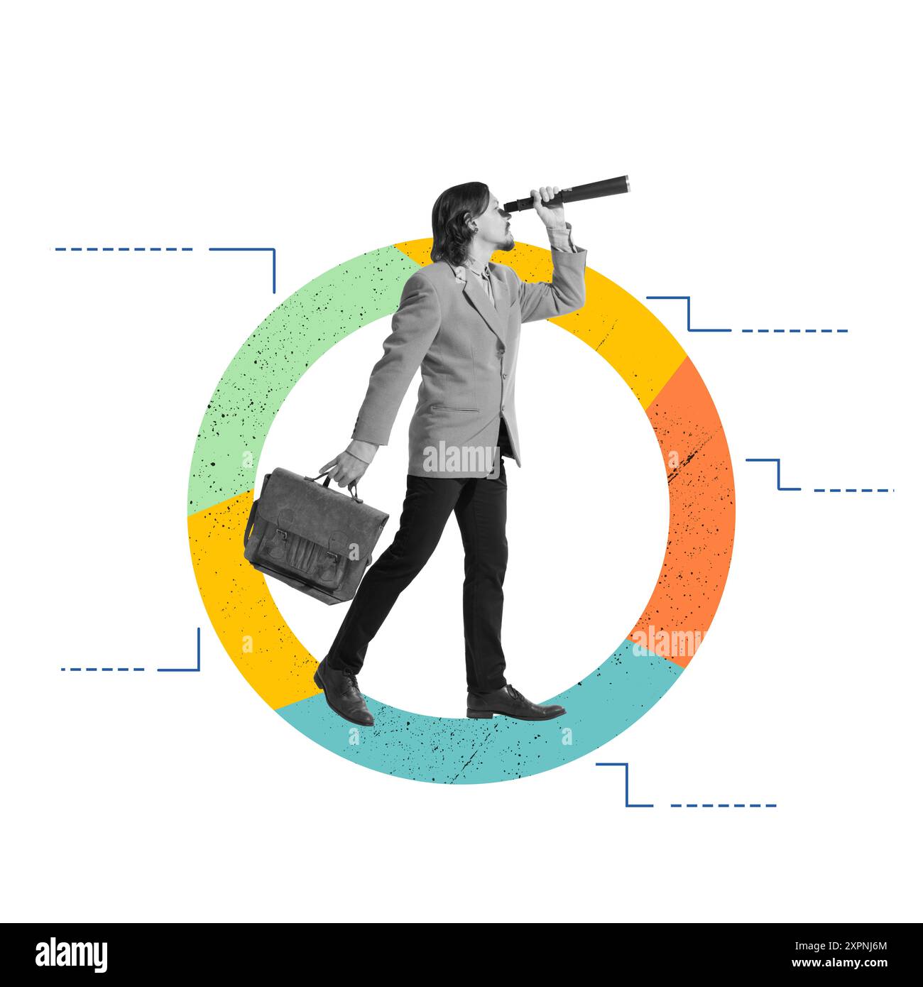 Man looking in spyglass over multicolored chart. Forecasting, market analysis and planning, strategic vision. Identifying opportunities and risks Stock Photo