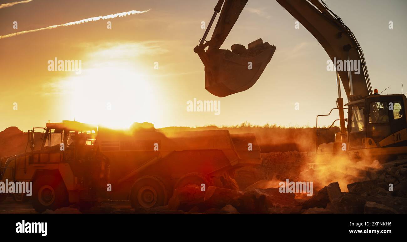 Construction Site On Sunny Evening: Industrial Excavator Loading Rocks ...