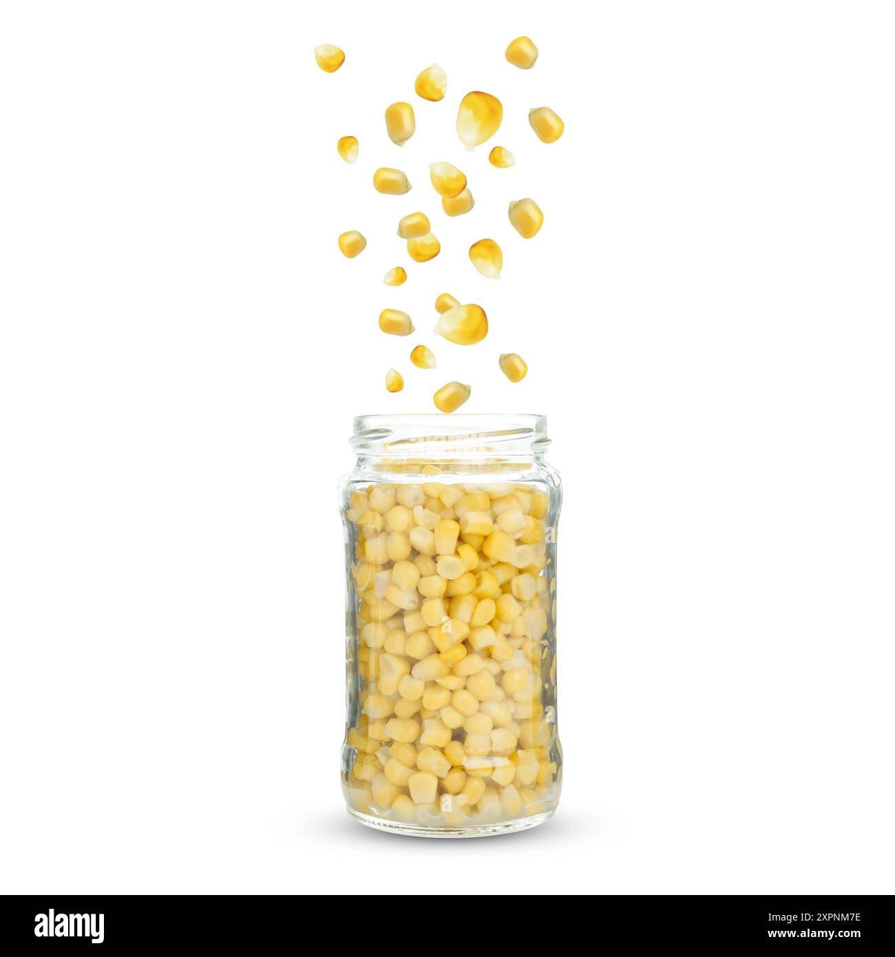 Corns falling into jar on light grey background Stock Photo