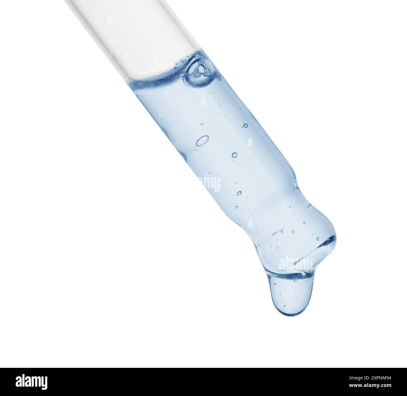 Dropper with light blue cosmetic oil on white background Stock Photo ...
