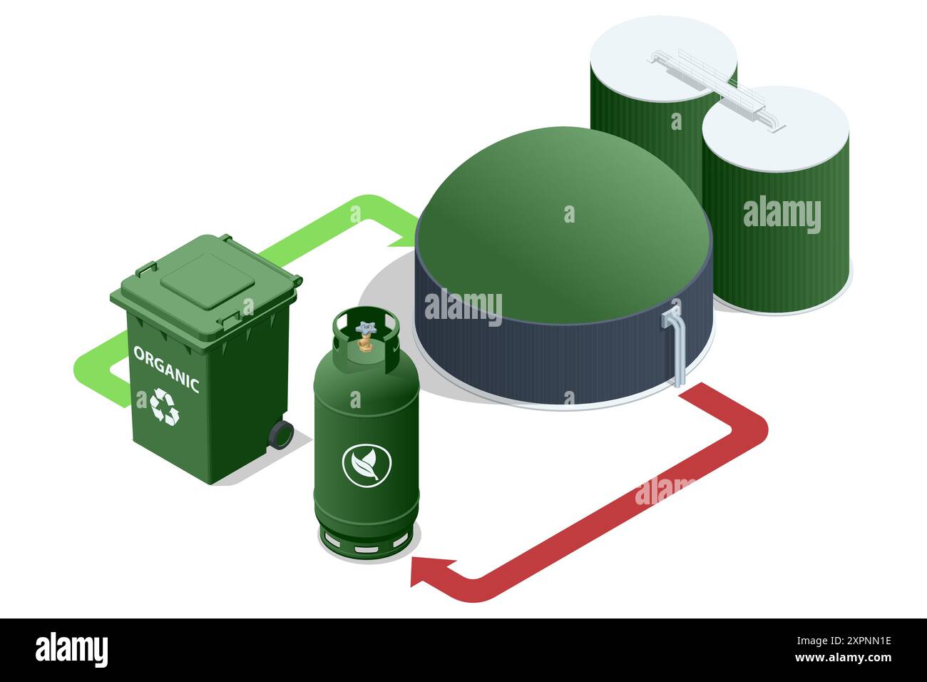 Isometric Modern biogas plant Biogas is an environmentally friendly clean, and cheap combustible gas produced from livestock manure and agricultural Stock Vector