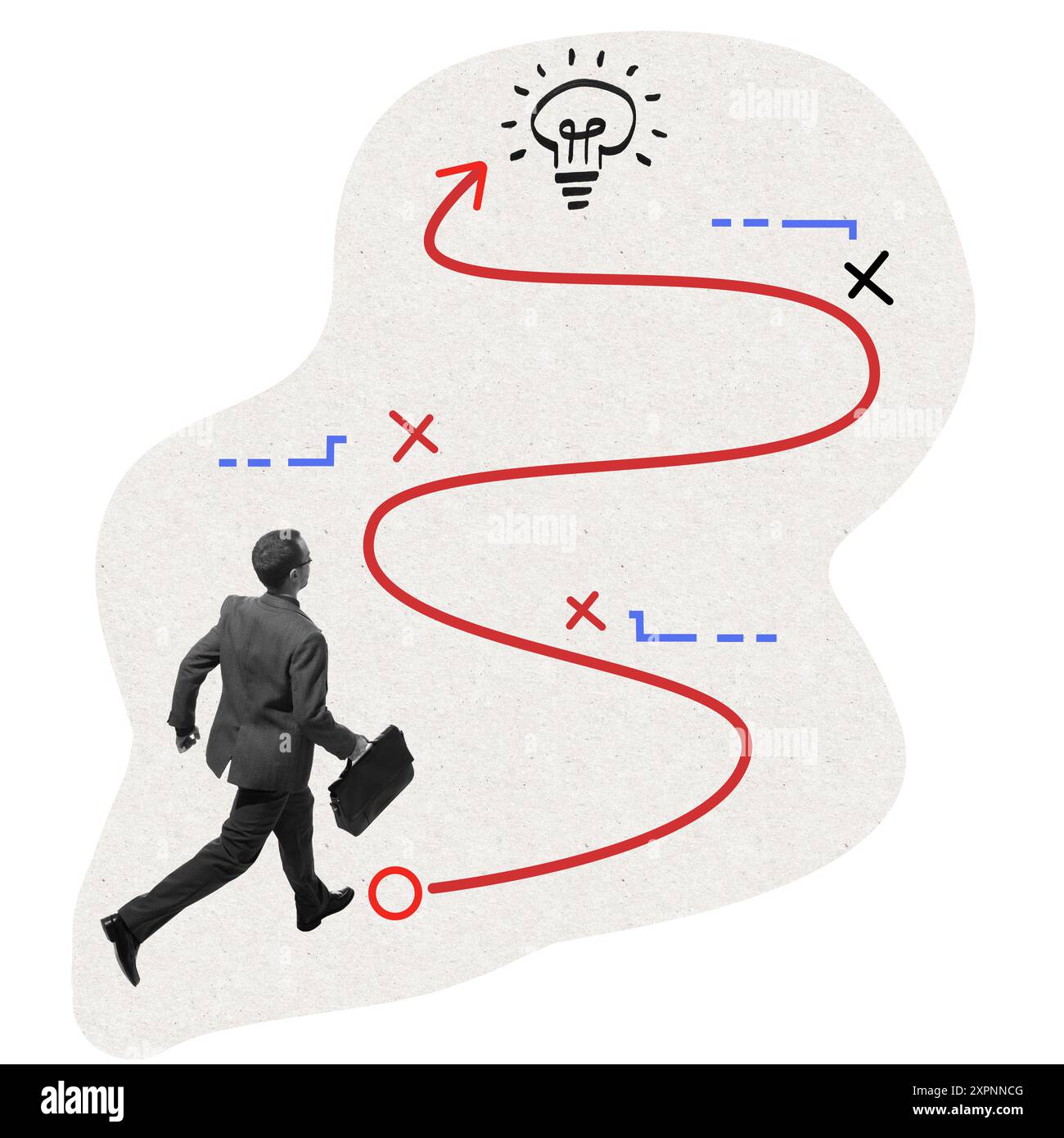 Man running on red line upwards the lightbulb, symbolizing solution ...