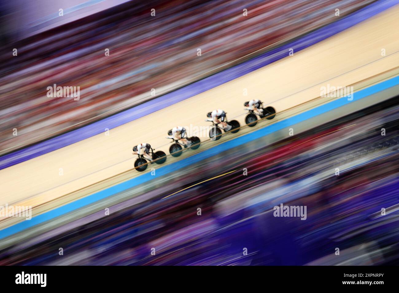 Germany's Franziska Brausse, Laura Suessemilch, Lisa Klein and Mieke Kroeger during the Women's Team Pursuit heats at the at the National Velodrome, Saint-Quentin-en-Yvelines, on the twelfth day of the 2024 Paris Olympic Games in France. Picture date: Wednesday August 7, 2024. Stock Photo