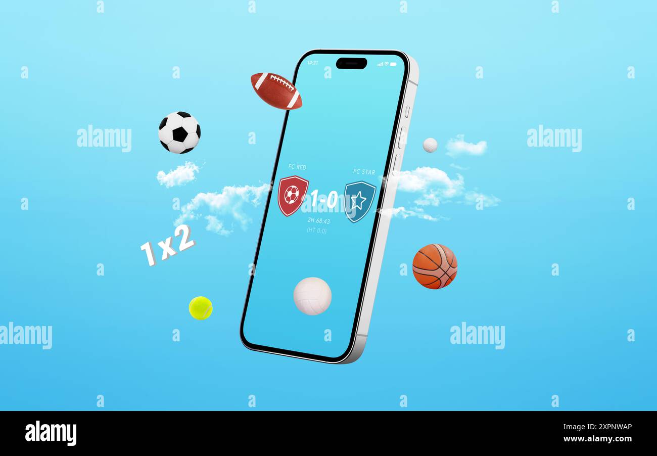 Phone with a sports betting composition featuring sports clouds, balls and a 1x2 sign. Concept represents online betting, highlighting convenience, st Stock Photo