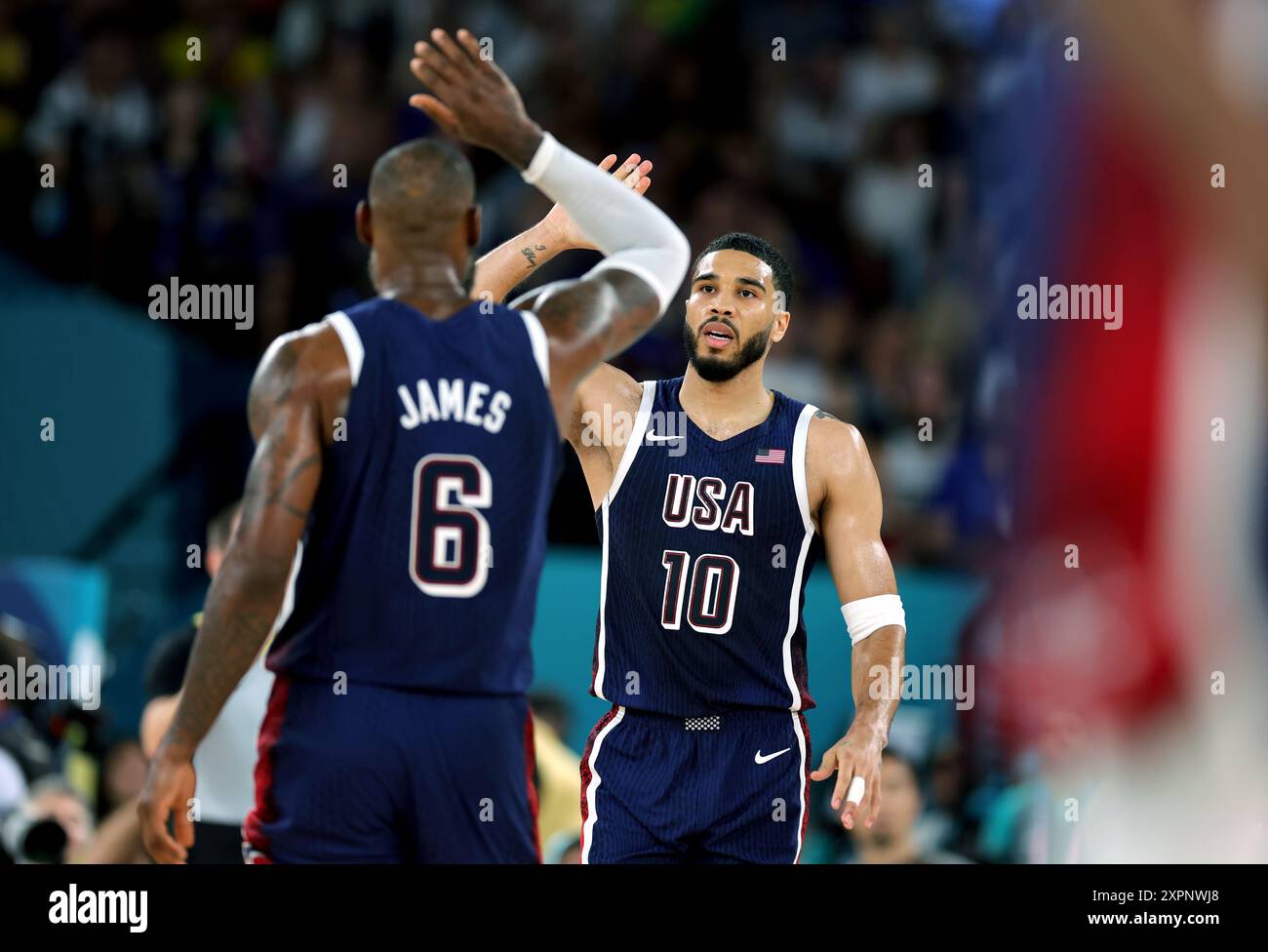 Paris, FRANCE - AUGUST 06: Jayson Tatum of United States celebrates during the Men's basketball quarterfinal game between Team United States and Team Brazil on day eleven of the Olympic Games Paris 2024 at Bercy Arena on August 06, 2024 in Paris, France.  © diebilderwelt / Alamy Stock Stock Photo