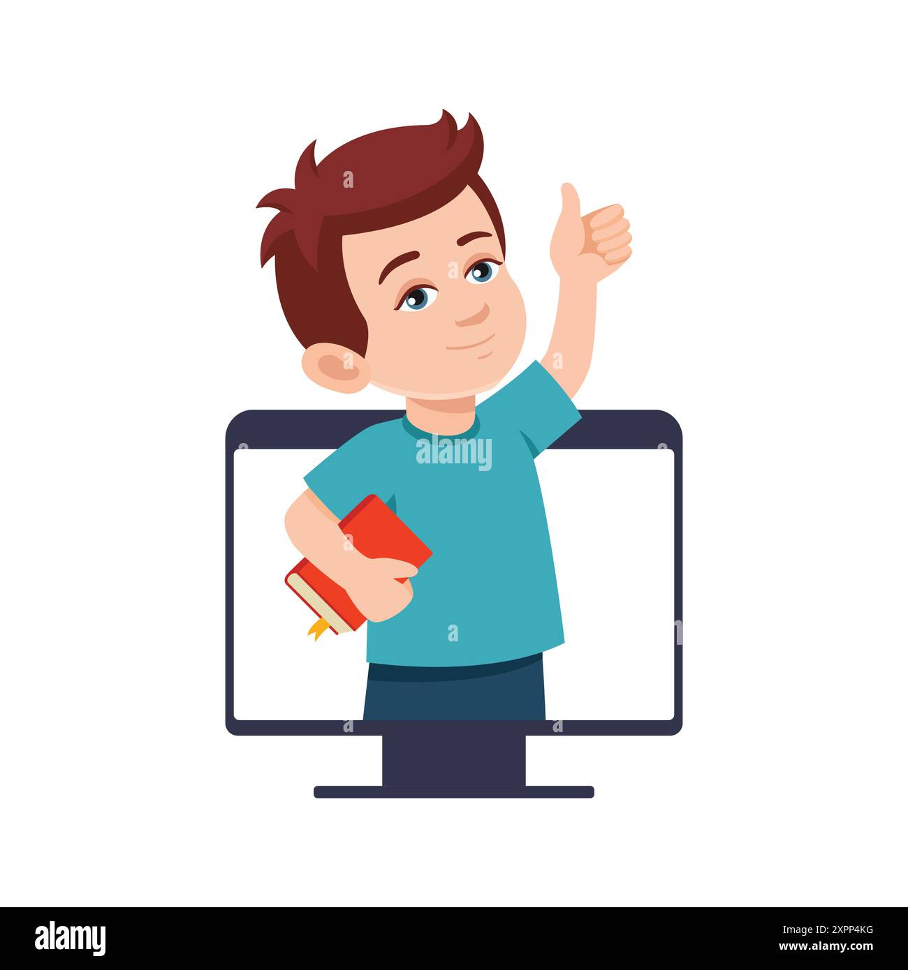 Happy Little boy with book Shows thumbs up from computer monitor ...