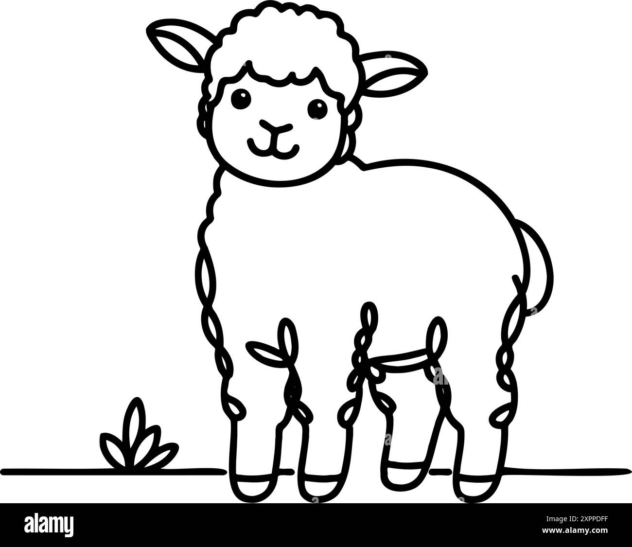 A cute cartoon sheep is standing in a field. The sheep has a big smile on its face and is looking at the camera. The image is simple and playful, with a focus on the sheep's adorable appearance Stock Vector