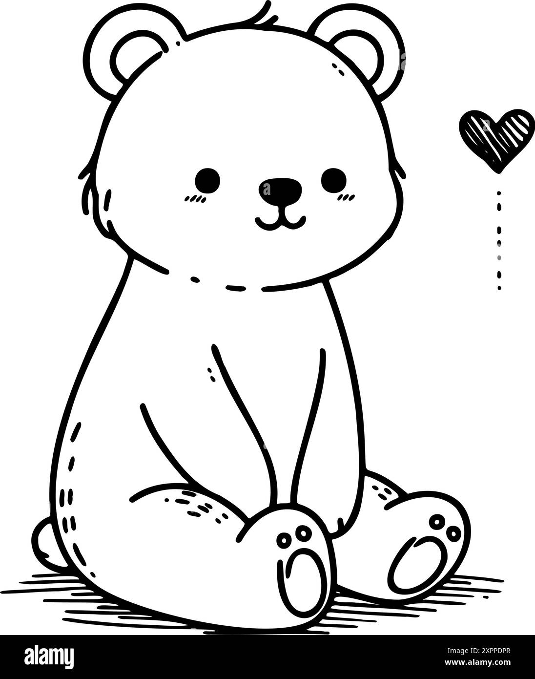 A cute cartoon bear is sitting on the ground with a heart drawn above ...