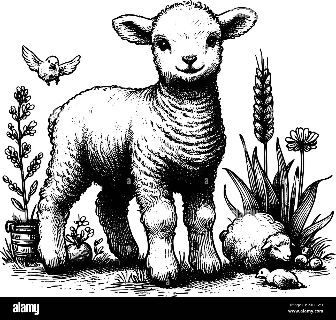 A black and white drawing of a lamb standing in a field with other animals. The lamb is the main focus of the image, and it is happy and content. The other animals in the scene, such as the birds Stock Vector