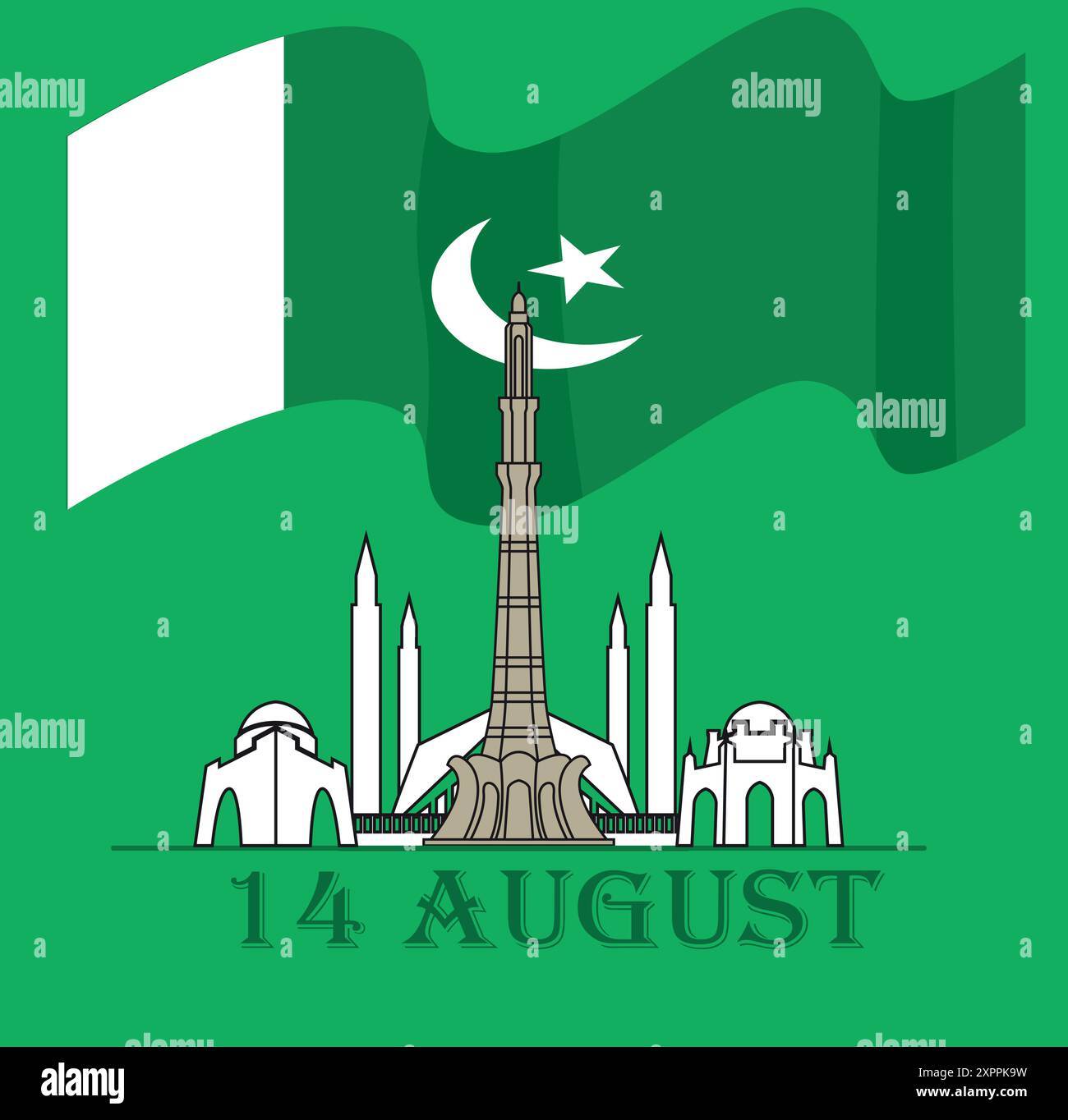 '14th August Pakistan Independence Day - Miner-e-Pakistan with National Flag' Stock Vector