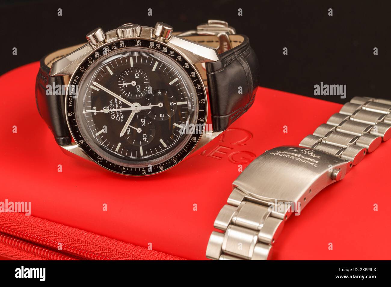 Milan, Italy - August 5, 2024: close up on a classic Omega Speedmaster Moonwatch luxury timepiece. Stock Photo