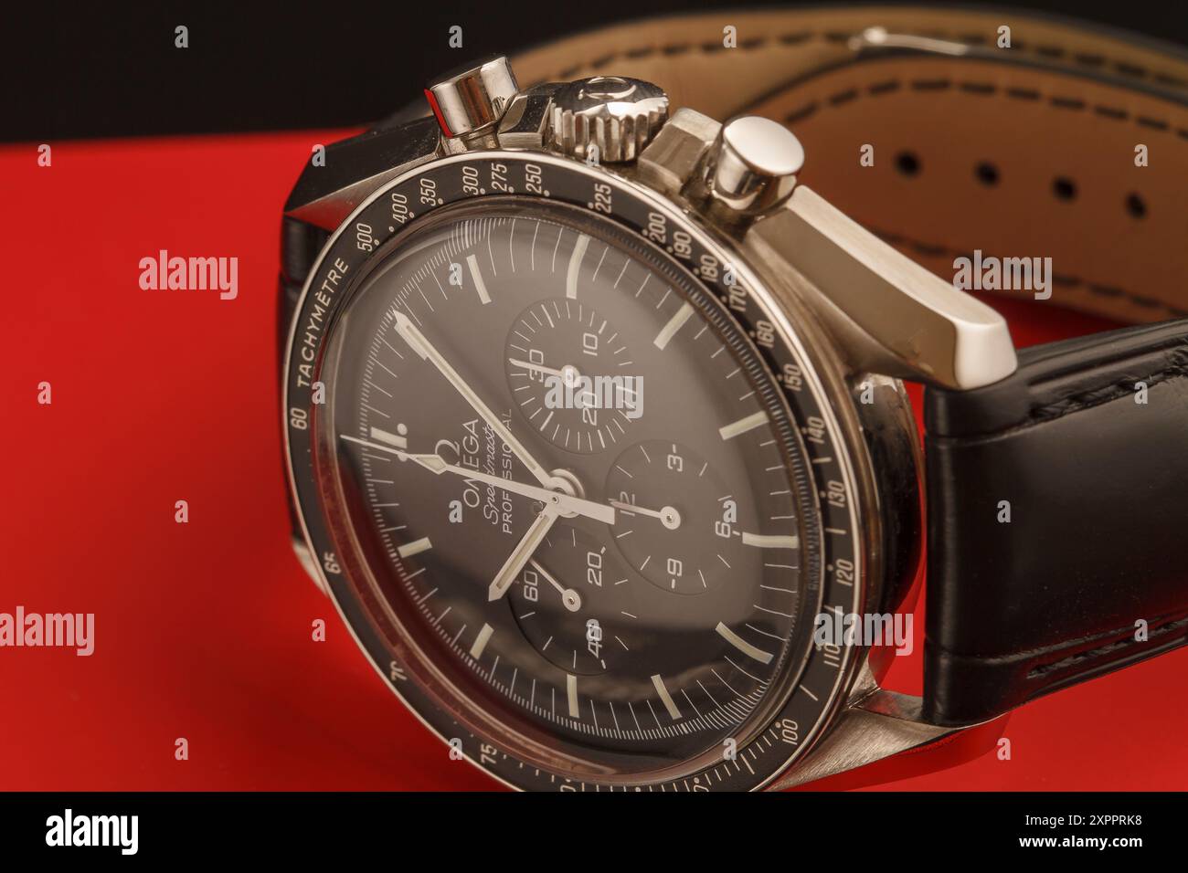 Milan, Italy - August 5, 2024: close up on a classic Omega Speedmaster Moonwatch luxury timepiece. Stock Photo