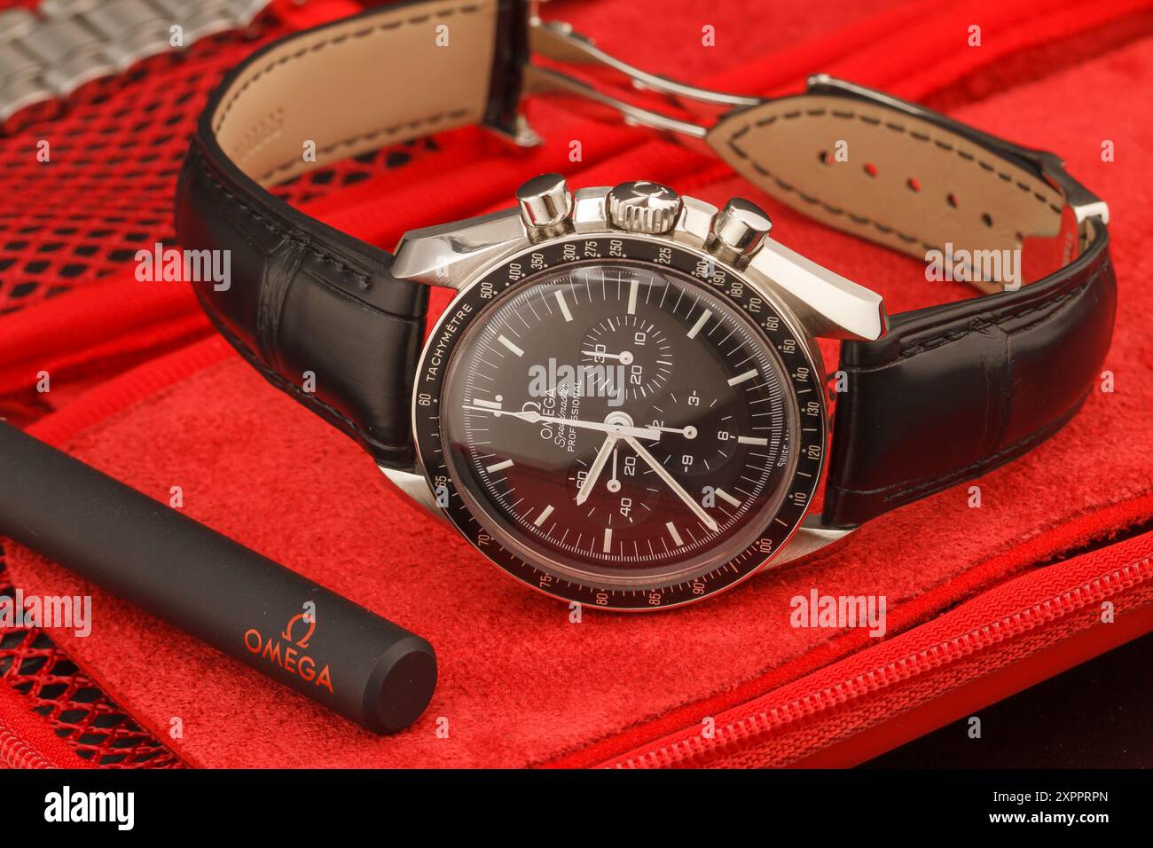 Milan, Italy - August 5, 2024: close up on a classic Omega Speedmaster Moonwatch luxury timepiece. Stock Photo