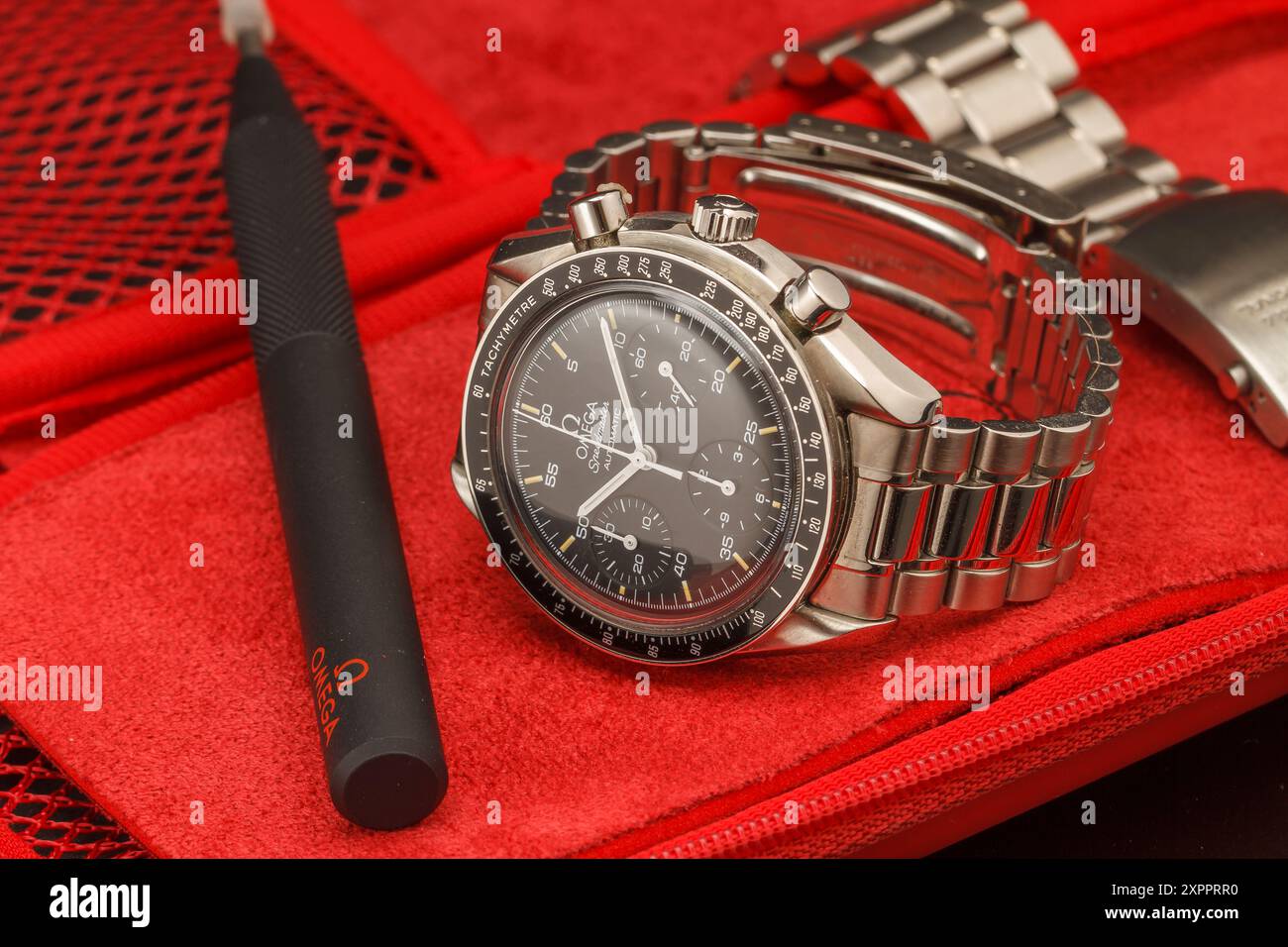 Milan, Italy - August 5, 2024: close up on a classic Omega Speedmaster Moonwatch luxury timepiece. Stock Photo