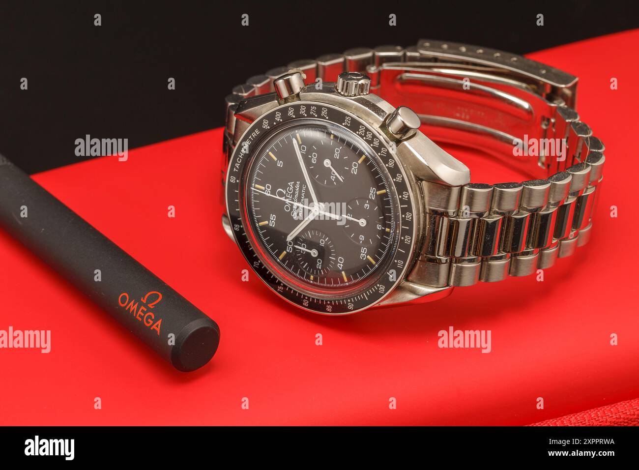 Milan, Italy - August 5, 2024: close up on a classic Omega Speedmaster Moonwatch luxury timepiece. Stock Photo