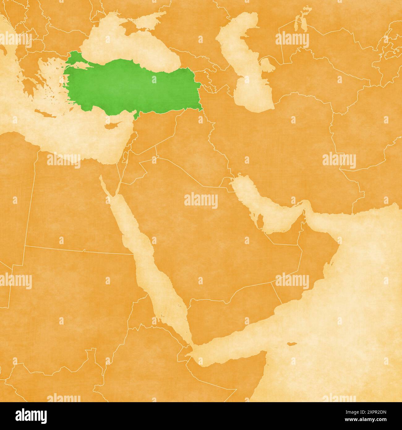 Turkey on an ocher retro map of Middle East (Western Asia) on old vintage paper. Stock Photo