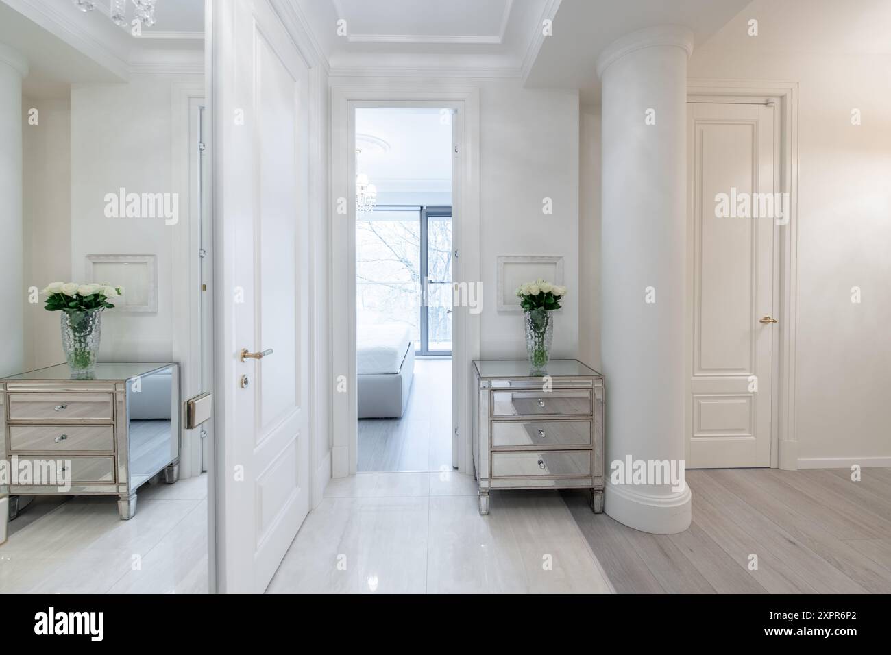 Luxury Home Entrance Hall Interior. Open Wooden White Bedroom Door ...