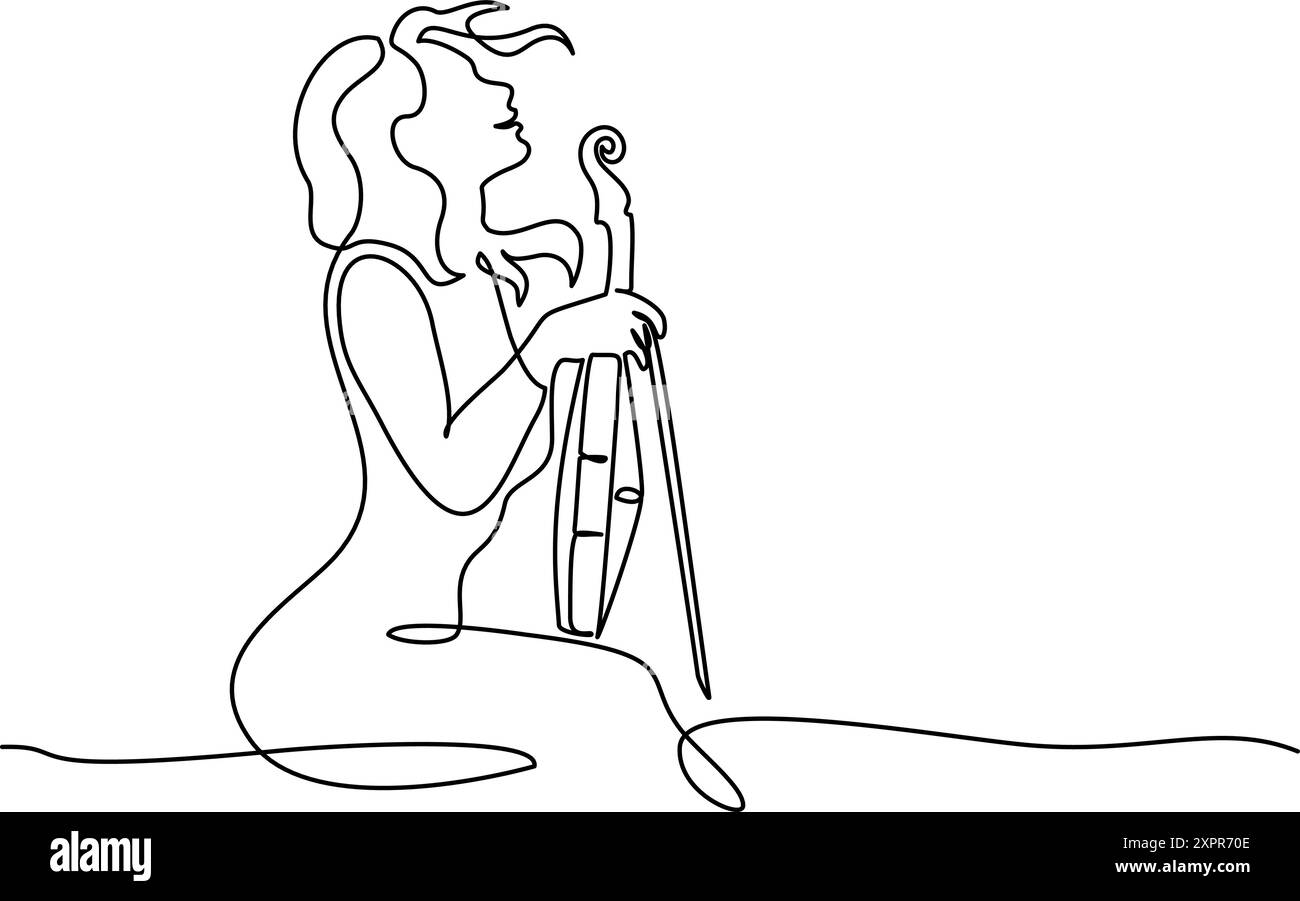 Violinist woman resting with violin on lap. Continuous one line drawing Stock Vector